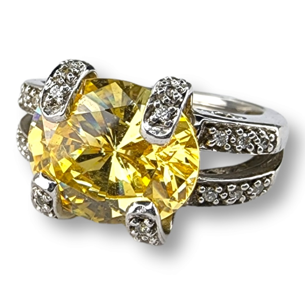 Vintage Sterling Silver 925 Yellow Faceted Citrine‎ and Cubic Zirconia Ring SZ 5
